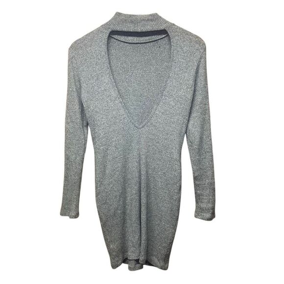 FOREVER 21 Gray Long Sleeve Knit Mini Bodycon Dress Size M Mock Neck Open Back - Picture 2 of 9